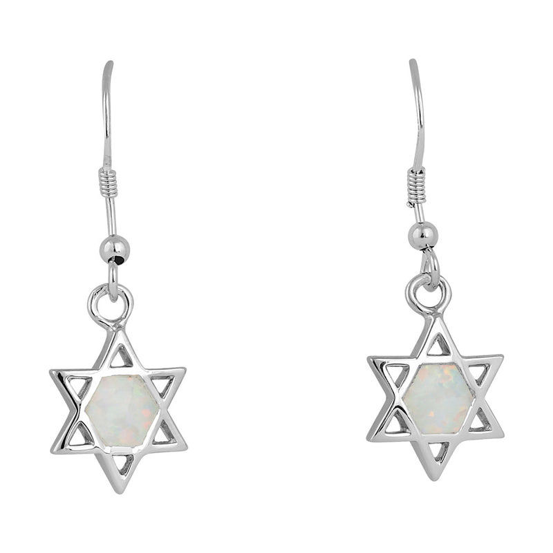 Sterling Silver White Lab Opal Star of David Hook Earrings