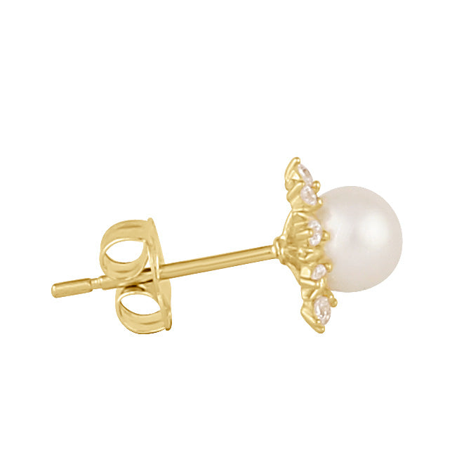 Solid 14K Gold Sun Flower Pearl and CZ Earrings