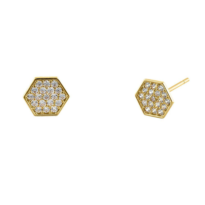 Solid 14K Yellow Gold Hexagon Pave CZ Earrings