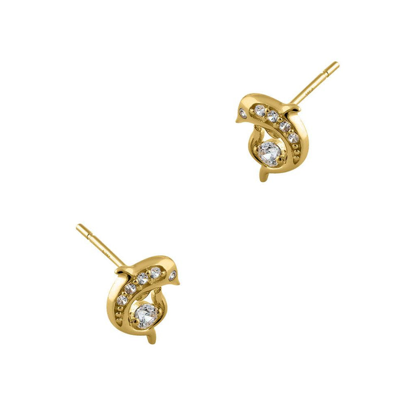 Solid 14K Yellow Gold Leaping Dolphin CZ Earrings