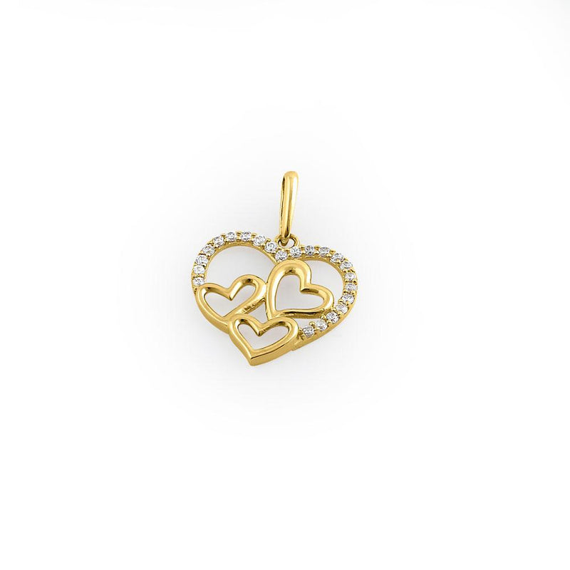 Solid 14K Yellow Gold Quad Heart CZ Pendant