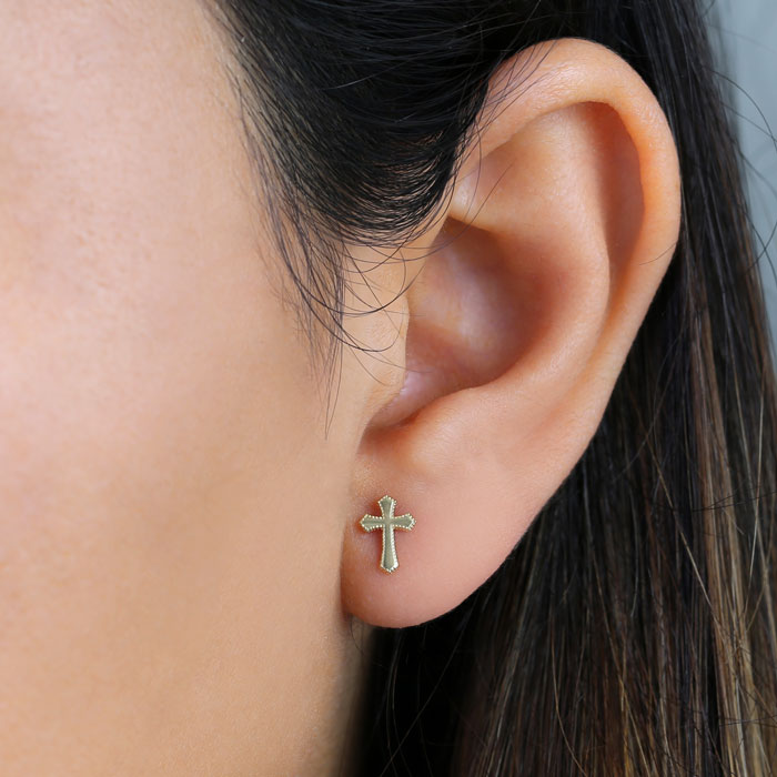 Solid 14K Yellow Gold Pointed Cross Earrings