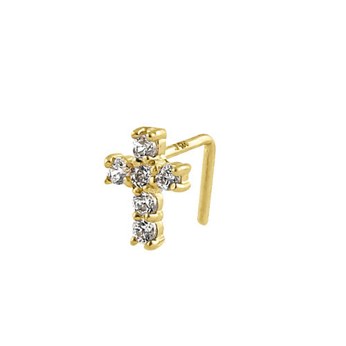 Solid 14K Yellow Gold Cross CZ Nose Stud