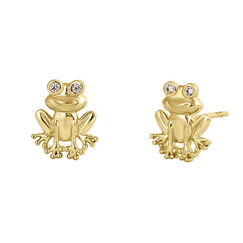 Solid 14K Yellow Gold Frog CZ Earrings