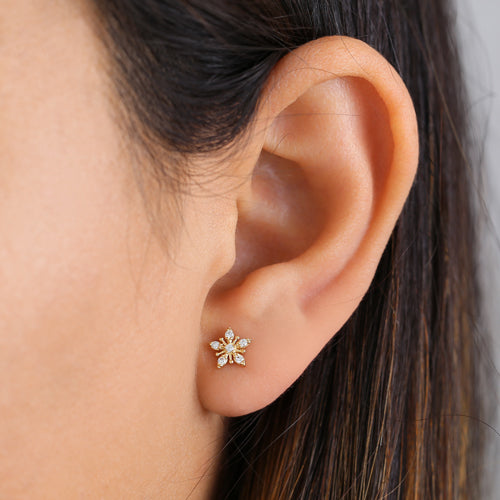 Solid 14K Yellow Gold Star Clear Round CZ Earrings