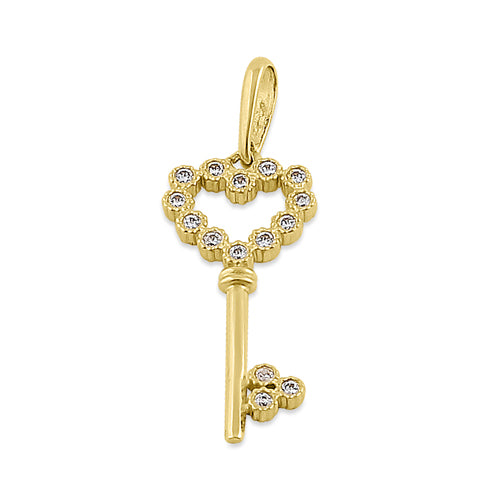 Solid 14K Yellow Gold Heart Key CZ Pendant