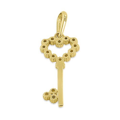 Solid 14K Yellow Gold Heart Key CZ Pendant