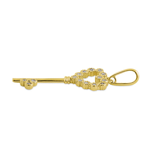 Solid 14K Yellow Gold Heart Key CZ Pendant