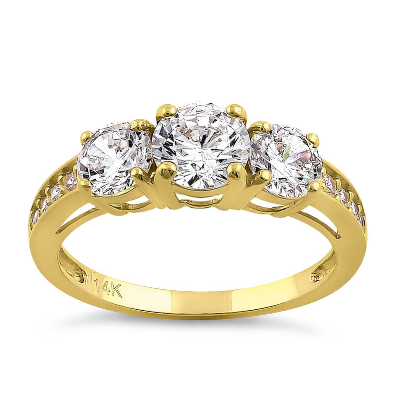 Solid 14K Yellow Gold Classic 6mm Triple Round Cut CZ Engagement Ring