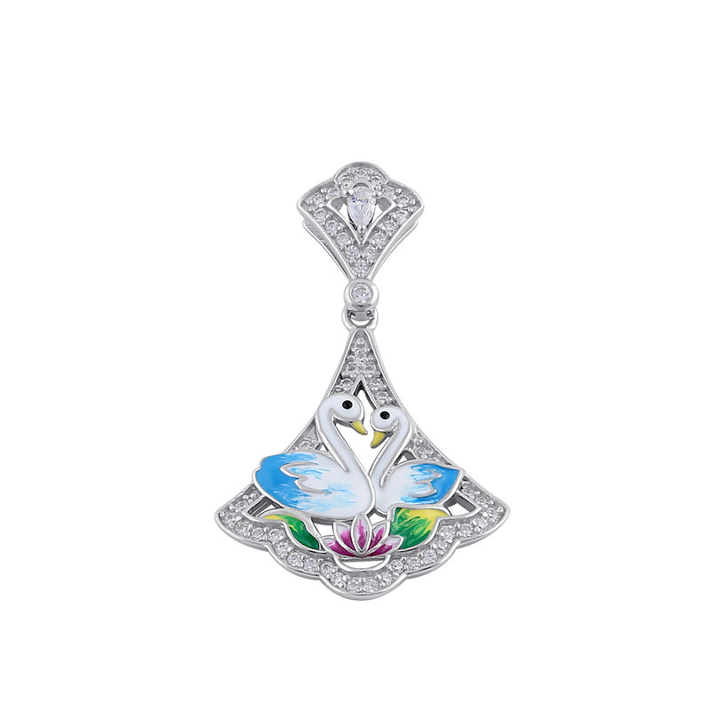 Sterling Silver Clear CZ Enamel Swans Pendant