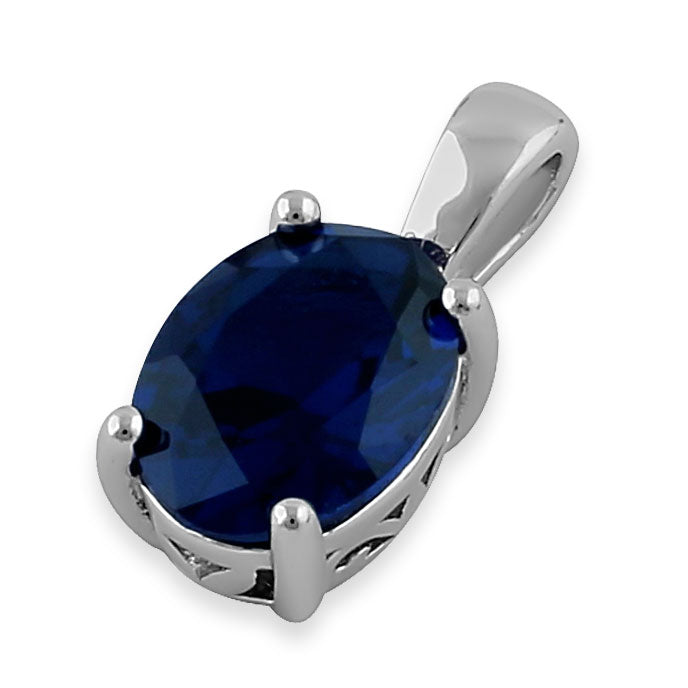 Sterling Silver Oval Dark Blue CZ Filigree Pendant