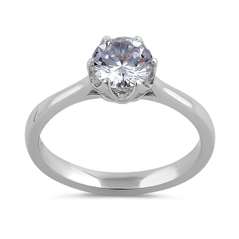 Sterling Silver 6.5mm Clear CZ Six Prong Crown Setting Ring