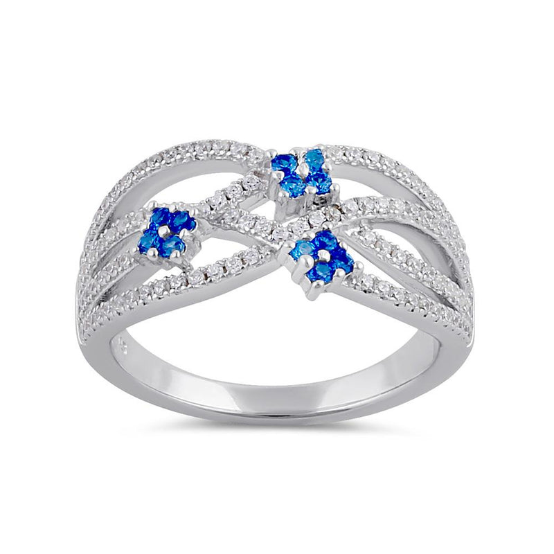 Sterling Silver Blue Spinel and Clear CZ Twisted Flower Ring