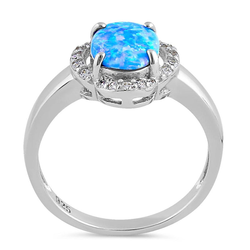 Sterling Silver Elegant Blue Lavender Lab Opal Oval Flower Halo CZ Ring