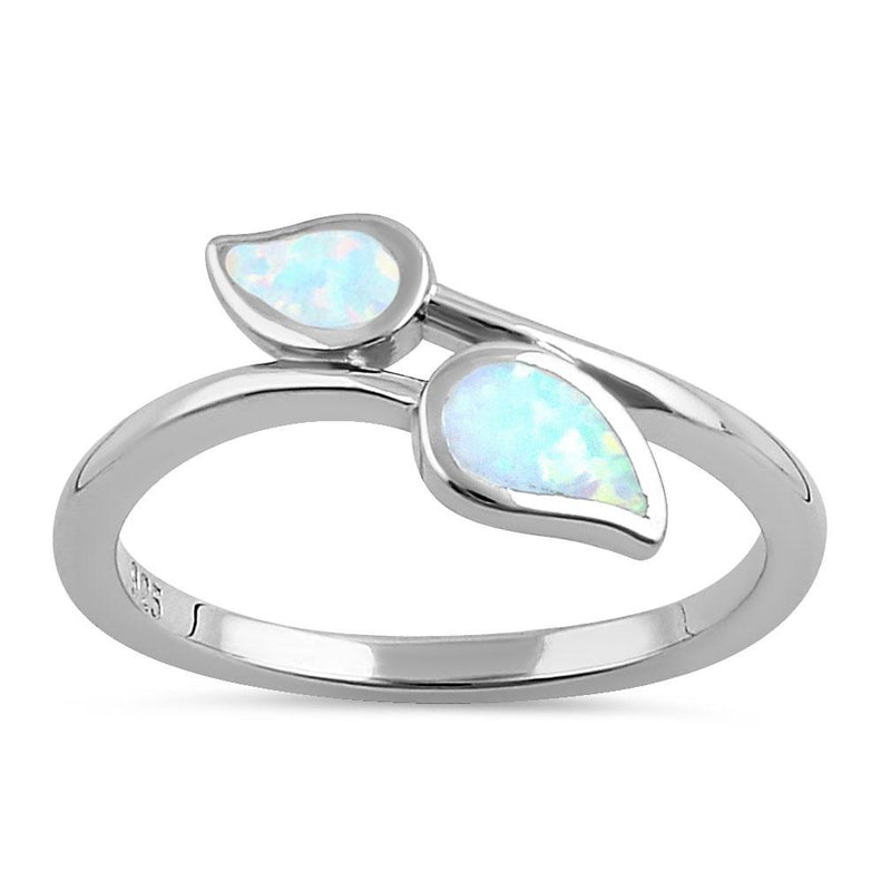 Sterling Silver White Lab Opal Double Leaf Wrap Ring