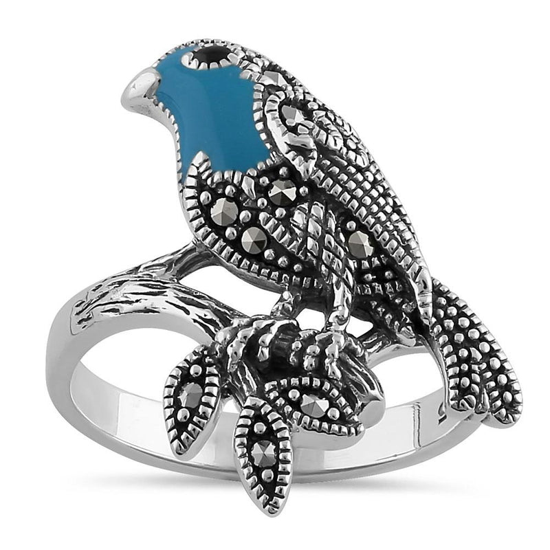 Sterling Silver Hand-Painted Turquoise Bird Marcasite Ring