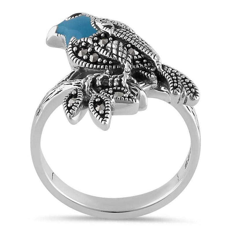 Sterling Silver Hand-Painted Turquoise Bird Marcasite Ring