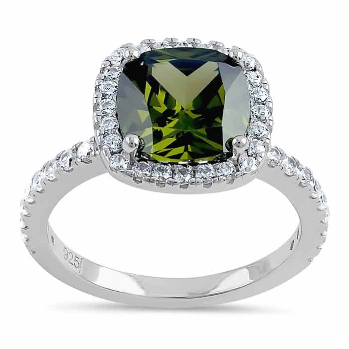 Sterling Silver Cushion Cut Peridot and Clear CZ Ring