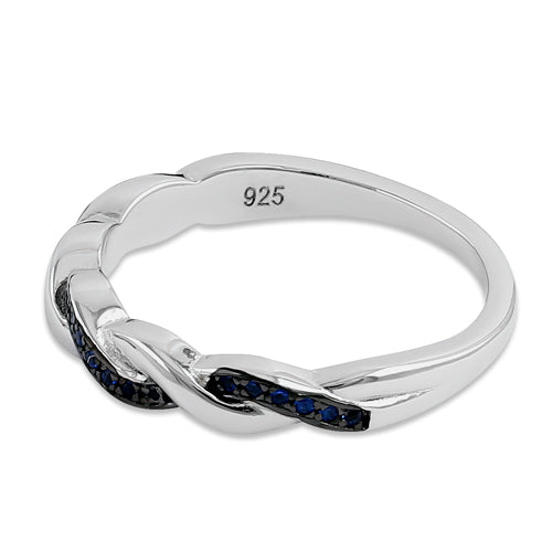 Sterling Silver and Black Rhodium Plated Braided with Blue CZ Ring