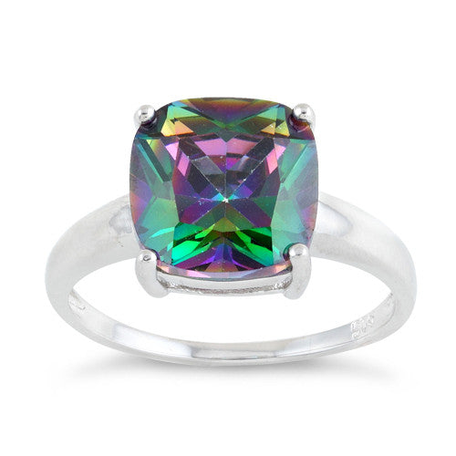 Wholesale Sterling Silver Cushion Cut Rainbow Topaz CZ Ring for Sale.