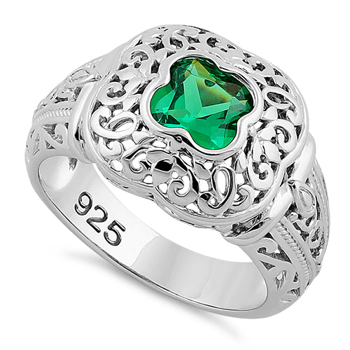 Sterling Silver Quatrefoil Emerald CZ Ring