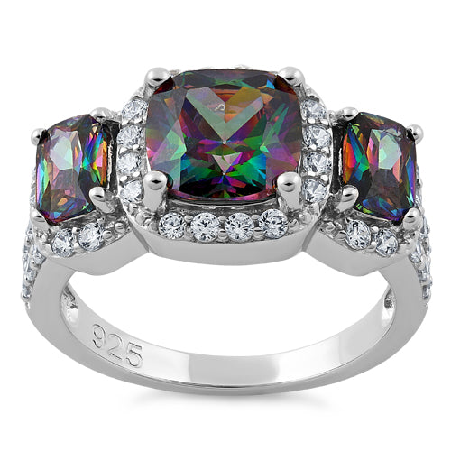 Sterling Silver Three Stone Halo Rainbow CZ Ring