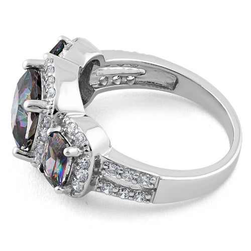 Sterling Silver Three Stone Halo Rainbow CZ Ring