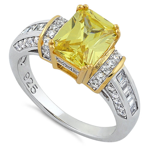 Sterling Silver Two Tone Emerald Cut Yellow CZ Ring